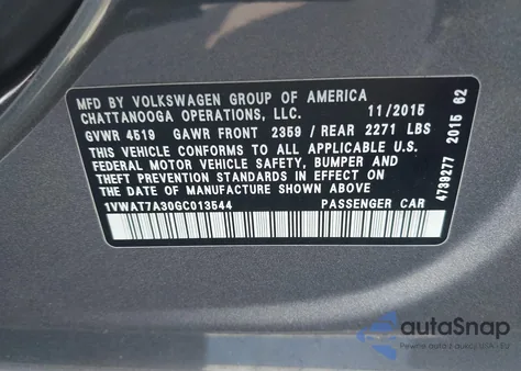 2016 Volkswagen Passat 1.8T S from USA, damaged, VIN 1VWAT7A30GC013544